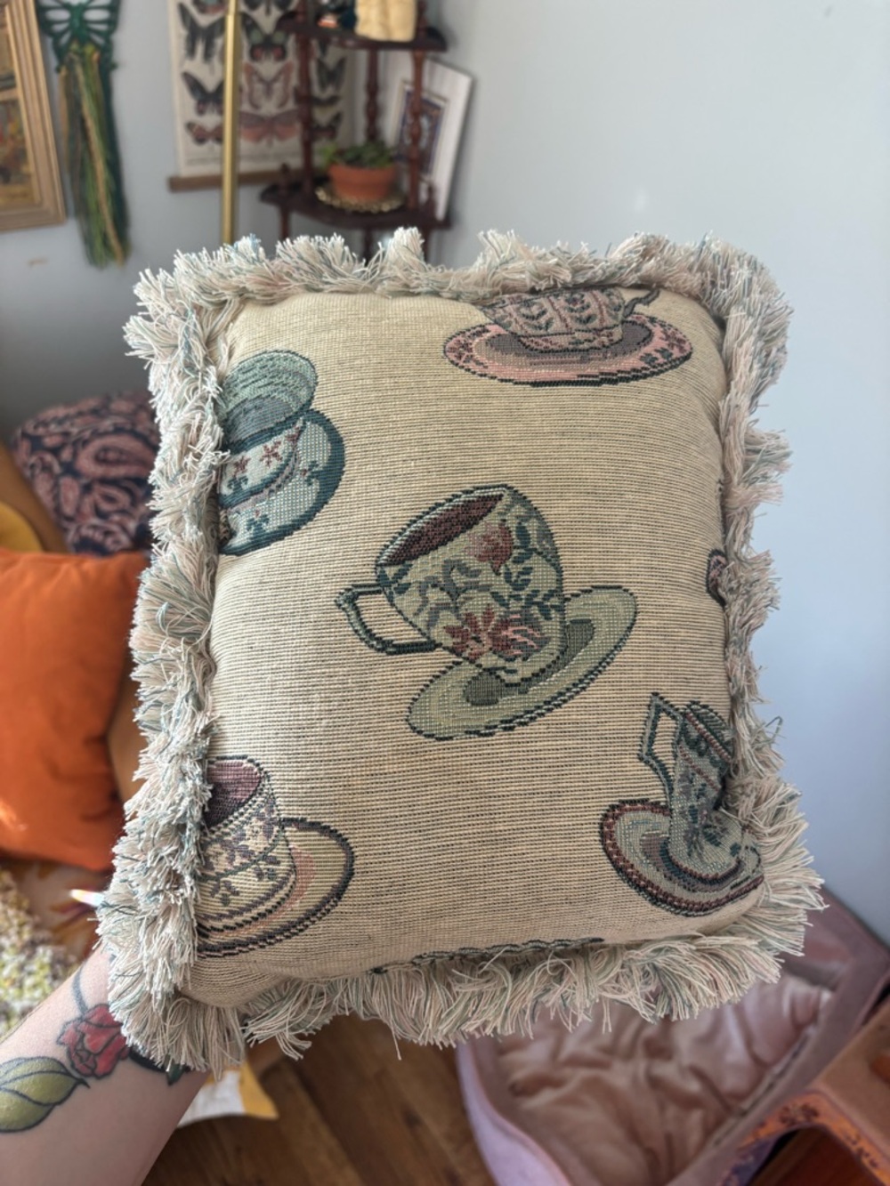 Mini Vintage Tea Cup Tapestry Throw Pillow - Beige with Pastel Cups